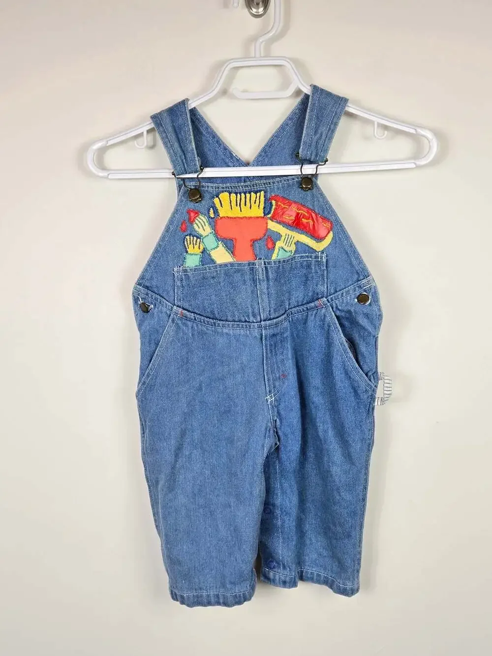 Vintage 90s Denim Overalls 12M Colorful Paint Tool And Brushes Embroidery Baggy